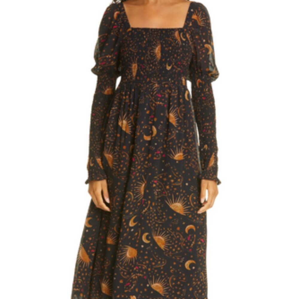 🌙 Farm Rio Celestial Chiffon Midi Dress M | Suns Moons Stars Puff Sleeve Magic